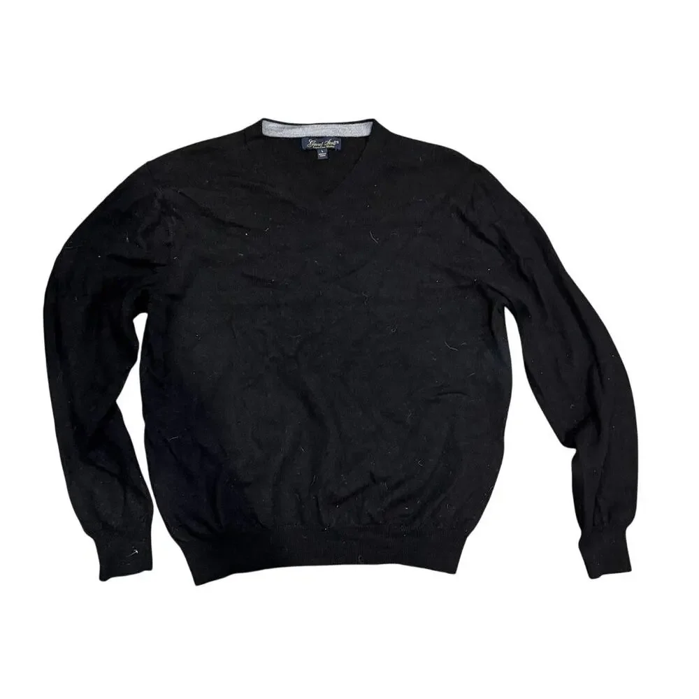 Garret Scott Mens Extra Fine Merino Wool V-Neck Sweater Black Large Pullover